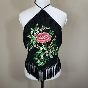 Moschino Floral Embroidered Fringe Top Open Back
